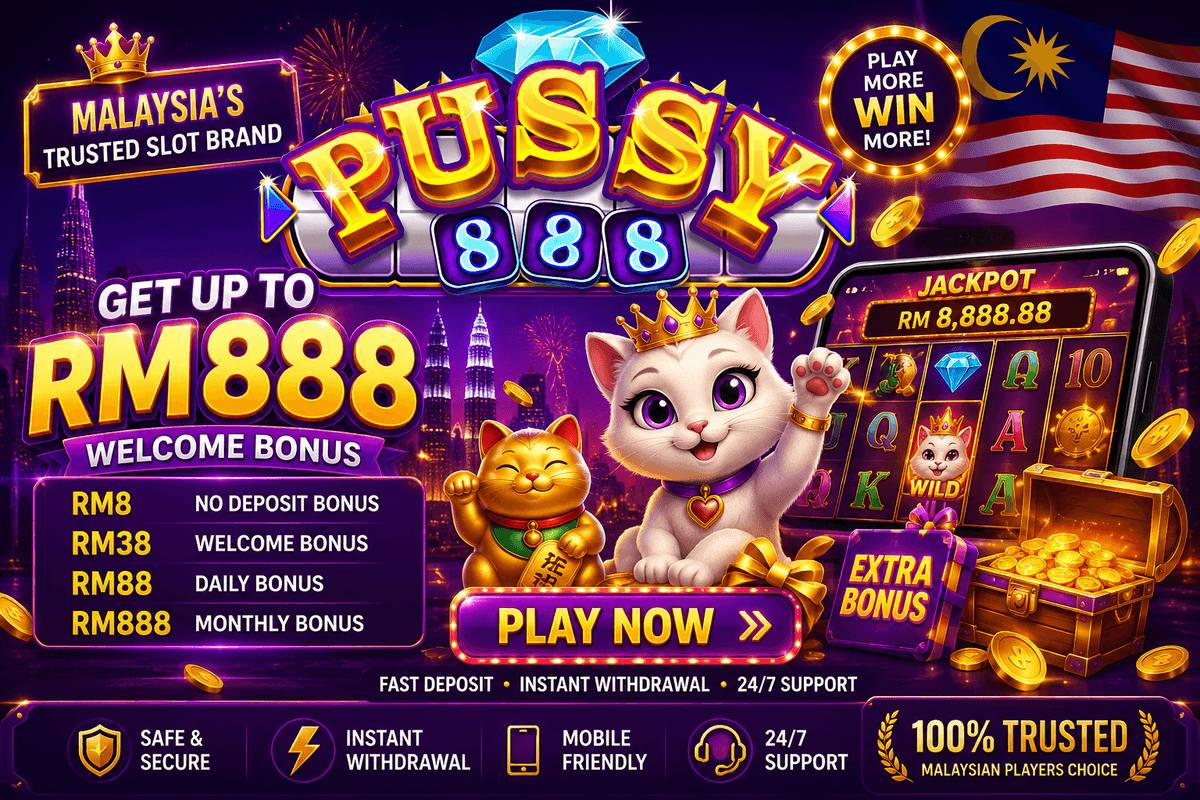 Pussy888 Malaysia promotion banner: get up to RM888 welcome bonus, safe and secure, instant withdrawal, mobile friendly, 24/7 support